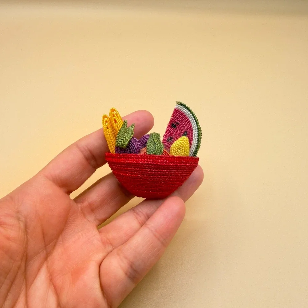 Woven Fruit Basket Brooch Watermelon Vintage Whimsical Boho Statement Pin Gift